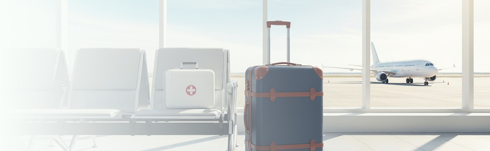 Travel suitcase and medical kit sitting in an airport terminal with an airplane on the tarmac, representing global dialysis travel.